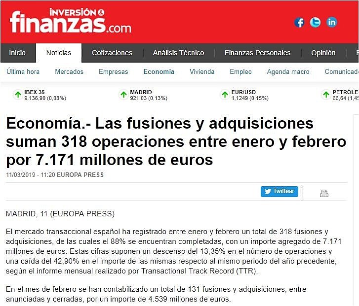 Las fusiones y adquisiciones suman 318 operaciones entre enero y febrero por 7.171 millones de euros